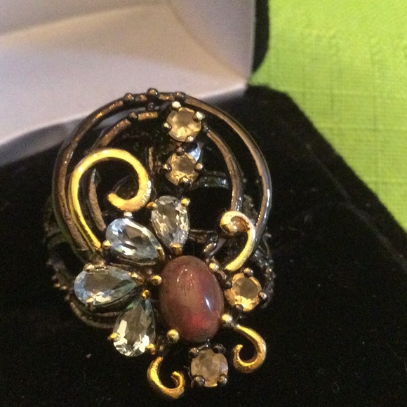 Genuine Black Opal Topaz & Citrine Ring